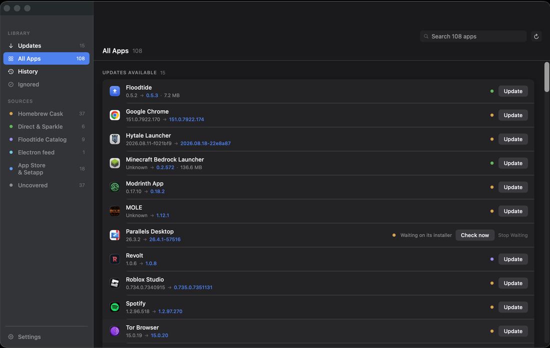 Floodtide's All Apps view, with every update source counted down the sidebar
