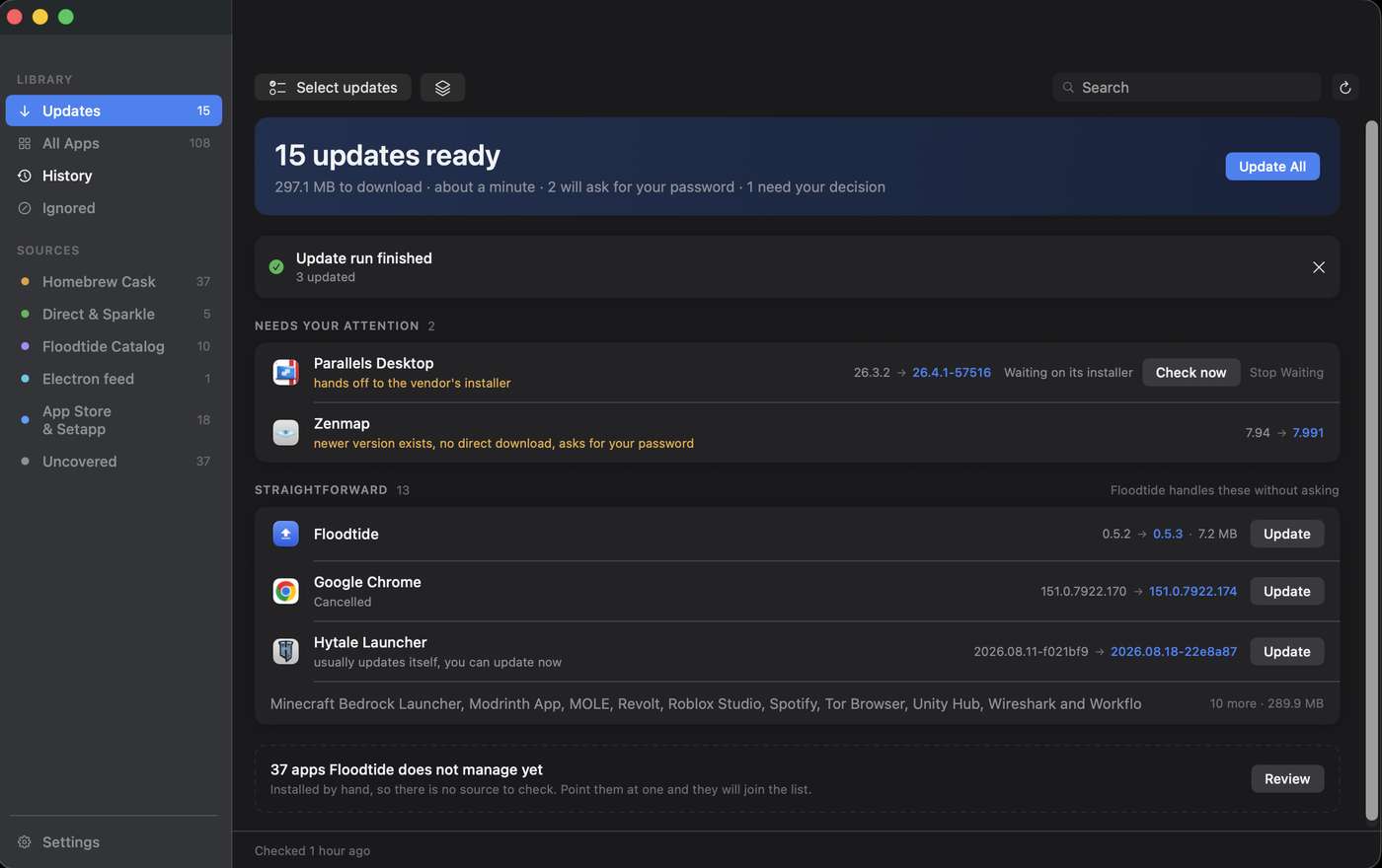 Floodtide showing fifteen updates ready, split into the apps that need a decision and the apps it handles on its own